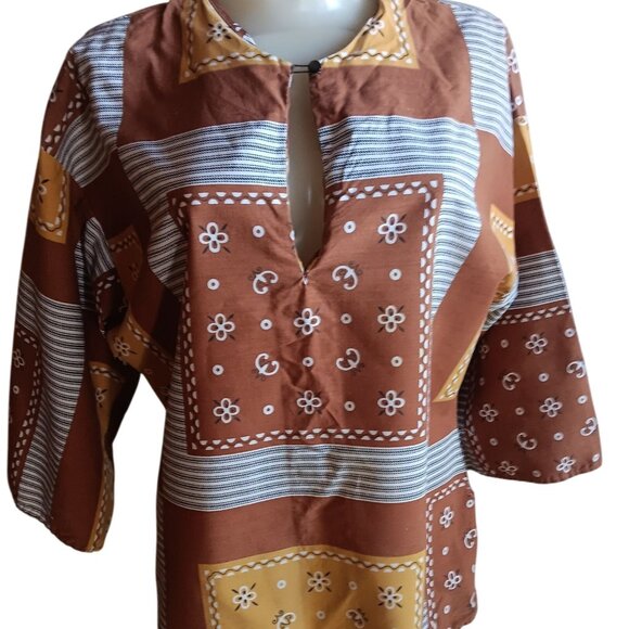 Vintage Medium 70's Blouse Top Boho Patchwork Tunic 1OF1 Keyhole Kimono Sleeves - Picture 1 of 9